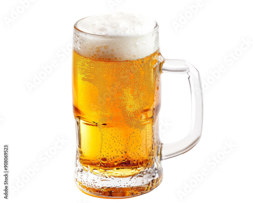 A frosty mug of beer with a thick head of foam.