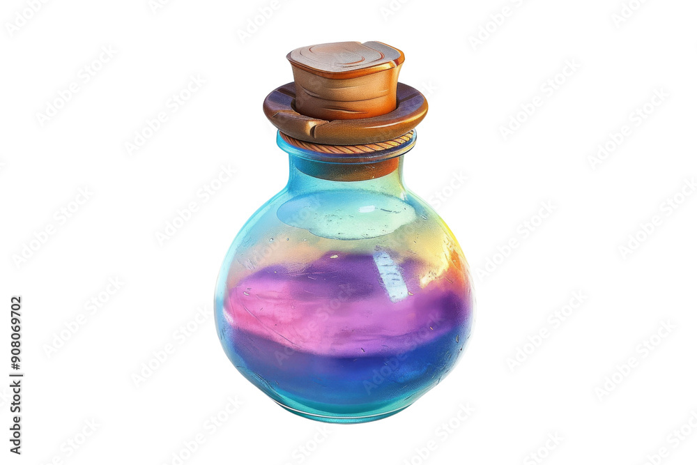 A glass bottle with a cork stopper, containing a swirling, colorful liquid. A magical potion or elixir. A glass bottle with a cork stopper, containing a swirling, colorful liquid. A magical potion or elixir.