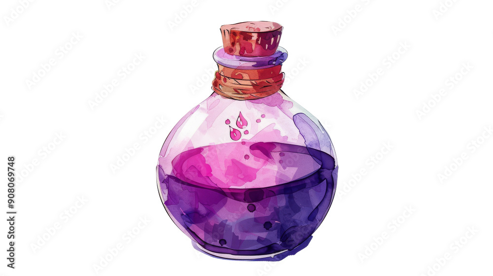 A glass bottle with a cork stopper filled with a vibrant purple liquid. The liquid has a shimmering effect, suggesting magic or potion. A glass bottle with a cork stopper filled with a vibrant purple liquid. The liquid has a shimmering effect, suggesting magic or potion.