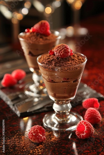 Two elegant dessert glasses filled with chocolate mousse are topped with fresh raspberries and cocoa powder, surrounded by scattered raspberries on a dark surface.