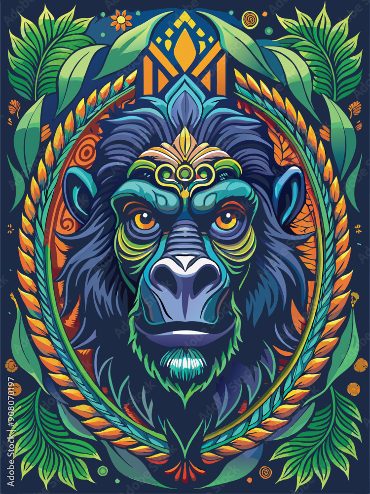 Fototapeta premium Colorful Abstract Portrait of a Monkey Surrounded by Tropical Foliage