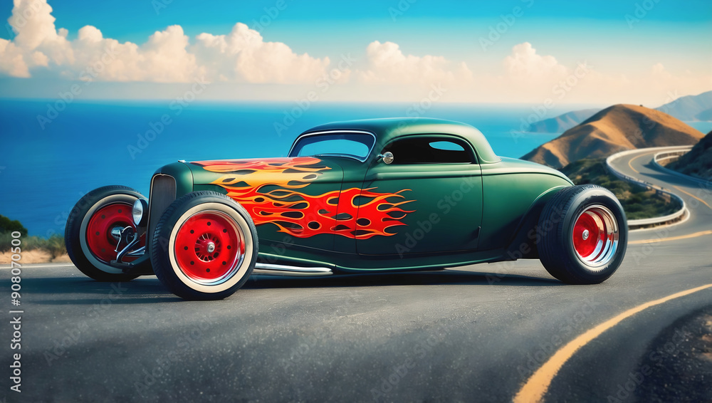 Beautiful unique green vintage hot rod car with red fire, automotive background, tuning template, wallpaper, auto transport