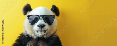 Cute panda bear wearing sunglasses, enjoying a drink with a relaxed vibe. Free copy space for text.