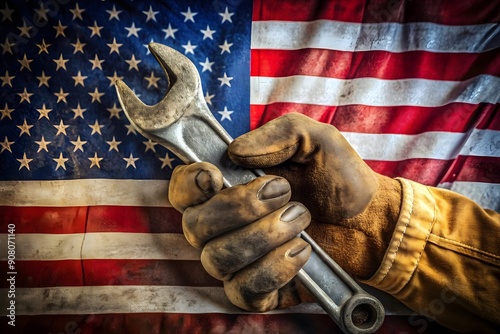 Hand in worn and dirty golve holding crescent wrench over American Flag
 photo