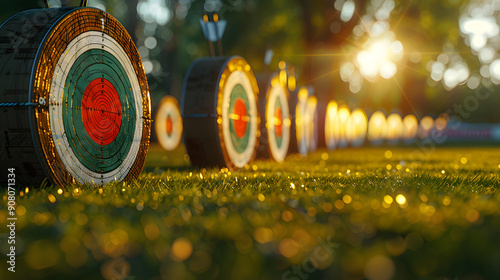 Row of archery targets on a field illuminated by the soft glow of sunrise, with dew on the grass