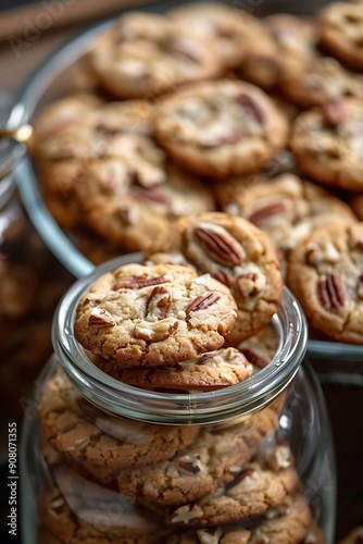 Close-up of freshly baked pecan cookies in a glass jar.