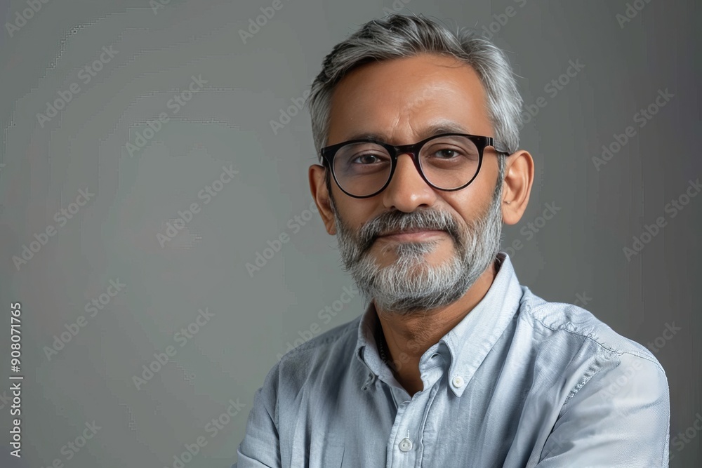 Fototapeta premium Mature Indian Man in Spectacles: Indoor Portrait with Beard and Confident Expression generative ai