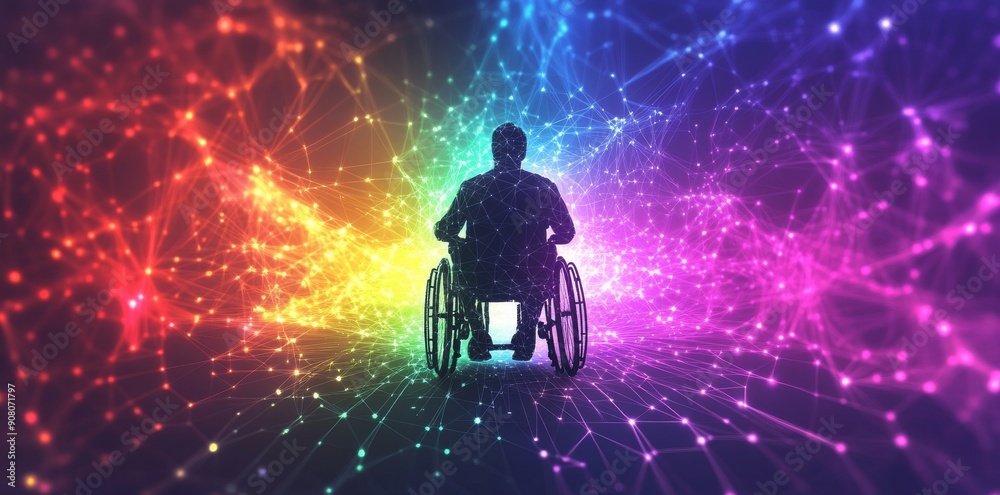 The background is an abstract color scheme with a wheelchair accessibility icon integrated into the network, signifying online inclusivity and accessibility for people with disabilities. The background is an abstract color scheme with a wheelchair accessibility icon integrated into the network, signifying online inclusivity and accessibility for people with disabilities.