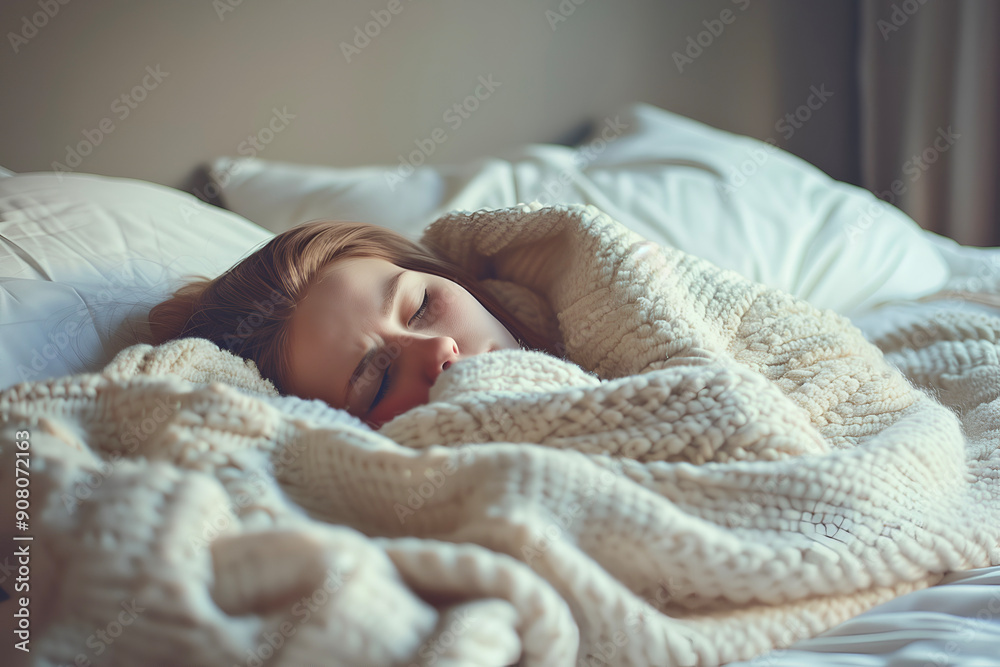 A European woman sleeping in bed, bundled up in blankets, appearing ill and resting A European woman sleeping in bed, bundled up in blankets, appearing ill and resting