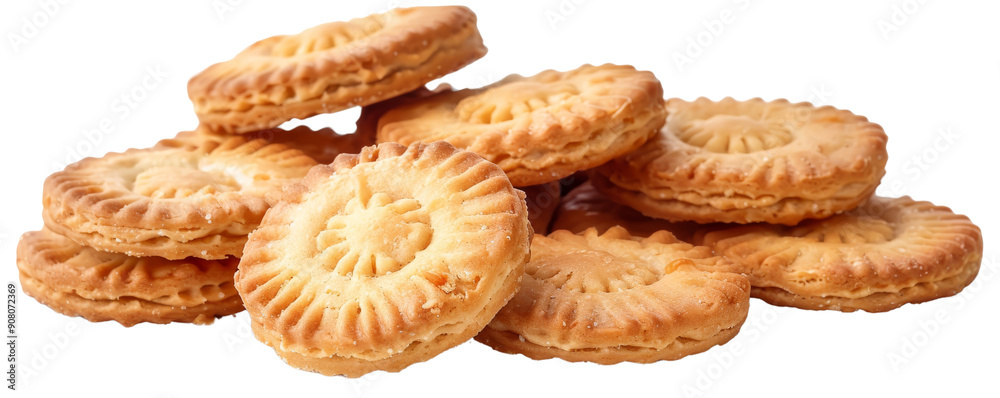 A pile of golden, crispy cookies with a decorative design. A pile of golden, crispy cookies with a decorative design.