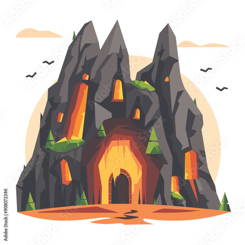 Gloomy dark rocky mountain towering exaggerated peaks, dotted bright openings resembling windows, surrounded lush greenery birds flying nearby, brown ground path leading large glowing cave entrance