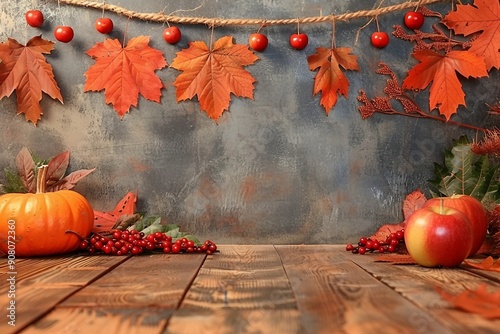 Creative autumn composition with maple leaves, pumpkins, apples, rowan berries and empty wooden table for product display, minimal autumn concept, screen banner. Happy Thanksgiving and greeting card photo