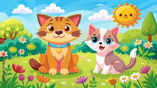 two cute friends a dog and a cat are sitting on a summer sunny meadow