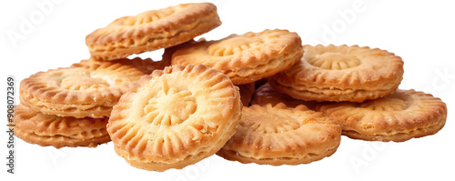 A pile of golden, crispy cookies with a decorative design.