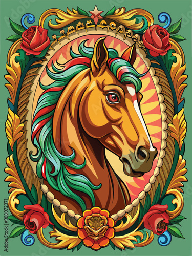 A Detailed Illustration of a Horse's Head in a Gilded Ornate Frame with Roses