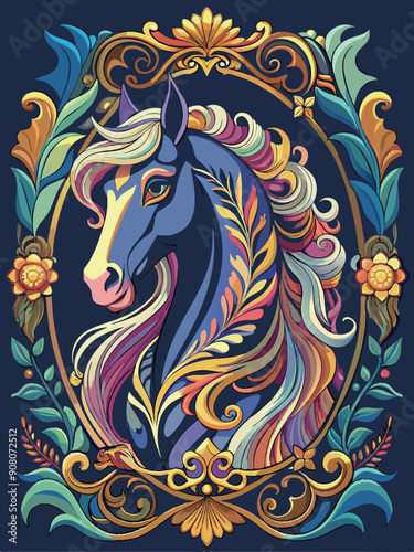 Ornate Floral Frame Enclosing a Detailed Horse Head Illustration