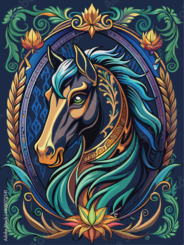 Ornate Floral Frame with a Majestic Horse Portrait