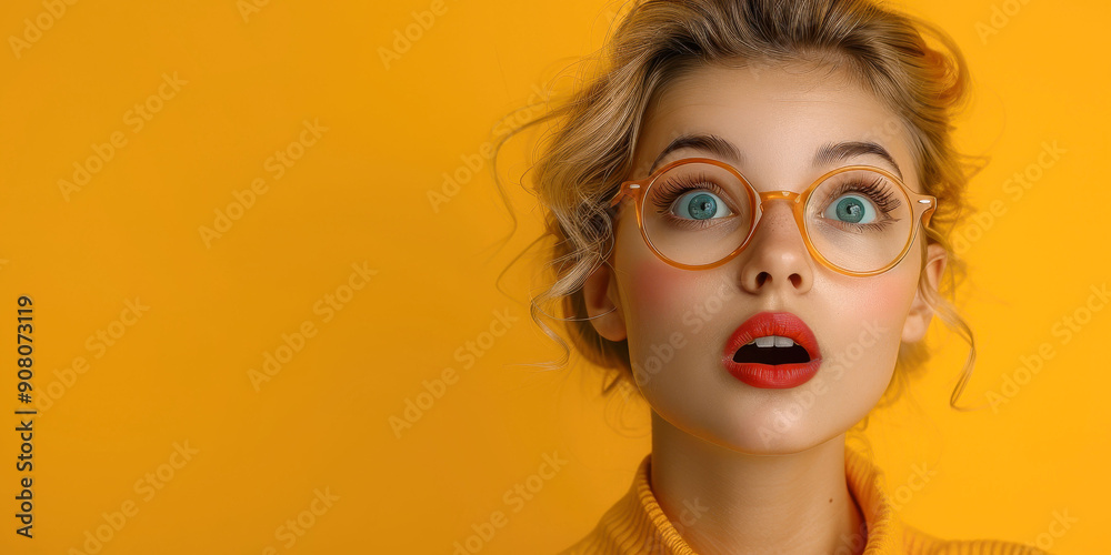 Fototapeta premium A surprised girl with glasses against a vibrant orange background, capturing an expressive and quirky moment