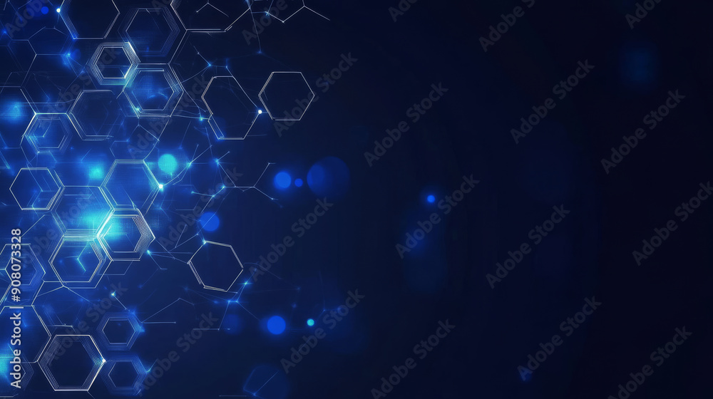 Illuminated Hexagon Network: A futuristic blue background with glowing, interconnected hexagons representing technology, innovation, and connectivity. Illuminated Hexagon Network: A futuristic blue background with glowing, interconnected hexagons representing technology, innovation, and connectivity.