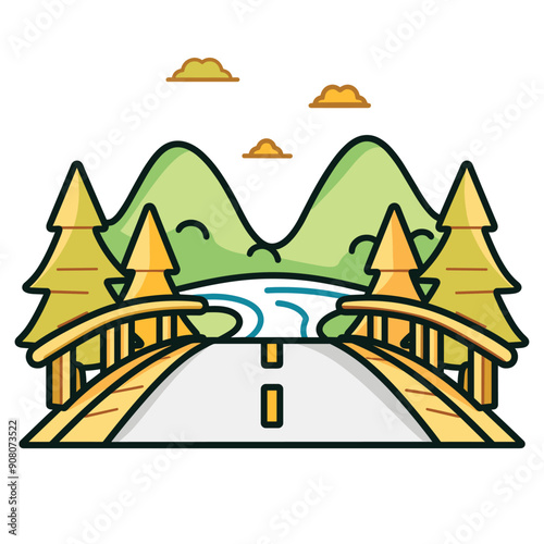 Three scenarios ensuing image bridge crossing over river green mountains distancing surrounded pine trees cloudy sky Summertime nature graphic cartoon style drawing Travel consistency. Empty roadway