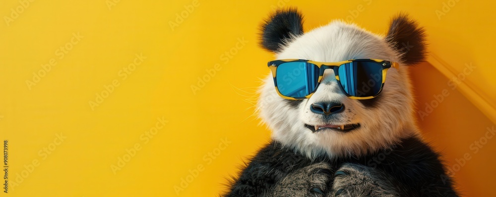 Cute panda bear wearing sunglasses, enjoying a drink with a relaxed vibe. Free copy space for text. Cute panda bear wearing sunglasses, enjoying a drink with a relaxed vibe. Free copy space for text.