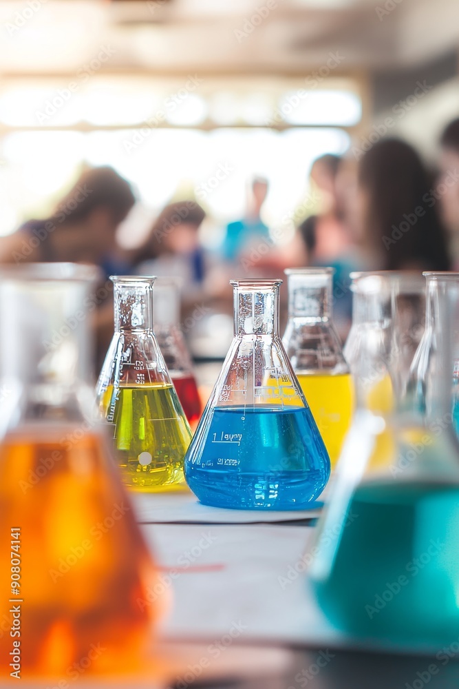 A lab table covers with papers and a book. The table has many beakers and test tubes of various colors. A lab table covers with papers and a book. The table has many beakers and test tubes of various colors.