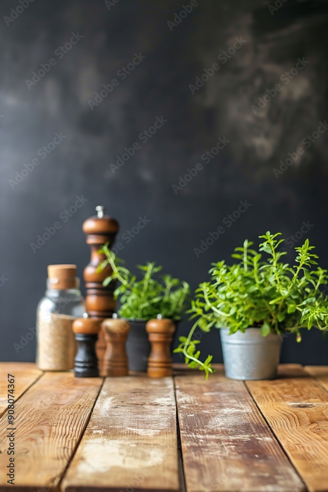 A rustic culinary setting showcasing herbs and various condiments arranged on a wood table against a black background.