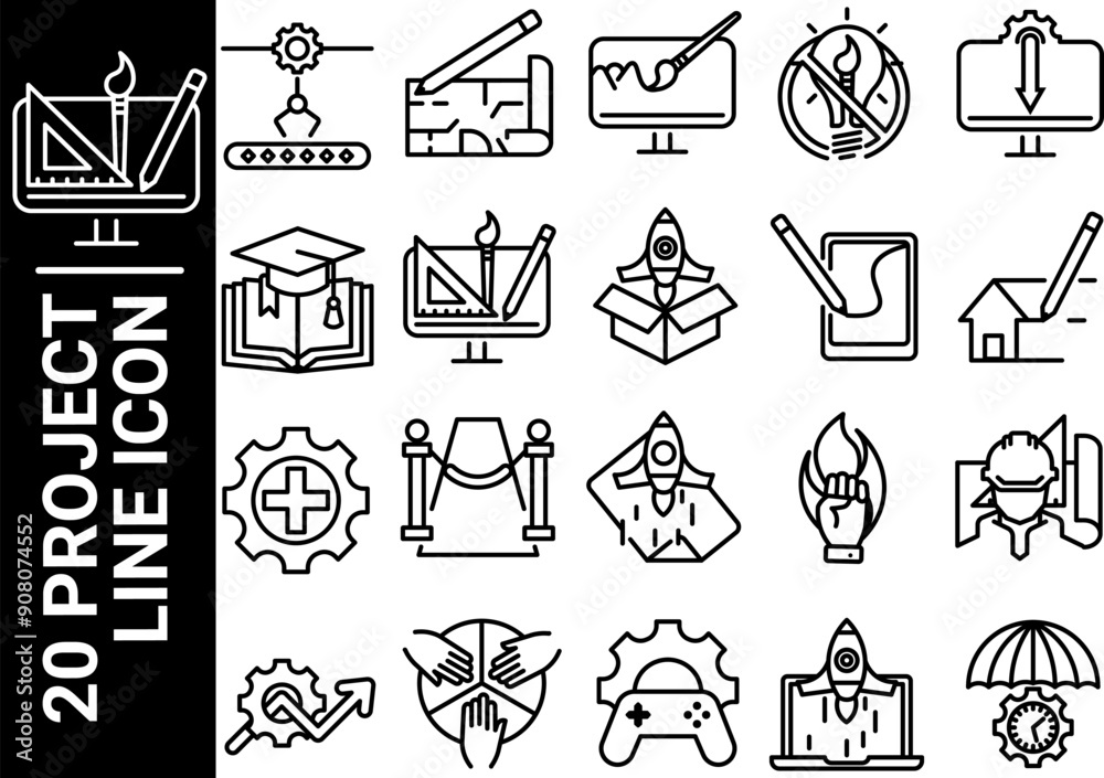 20 project line icon, black and white 20 project line icon, black and white