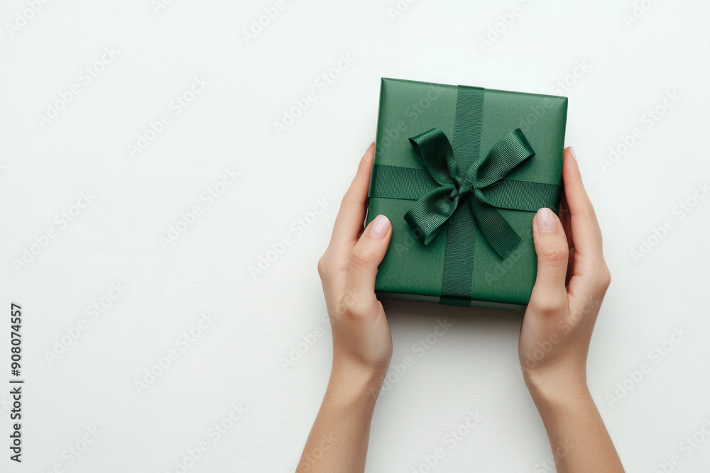 Green Gift Box Surprise: A pair of hands gently holds a beautifully wrapped green gift box, tied with a satin ribbon. The minimalist white background emphasizes the anticipation and joy of a surprise Green Gift Box Surprise: A pair of hands gently holds a beautifully wrapped green gift box, tied with a satin ribbon. The minimalist white background emphasizes the anticipation and joy of a surprise