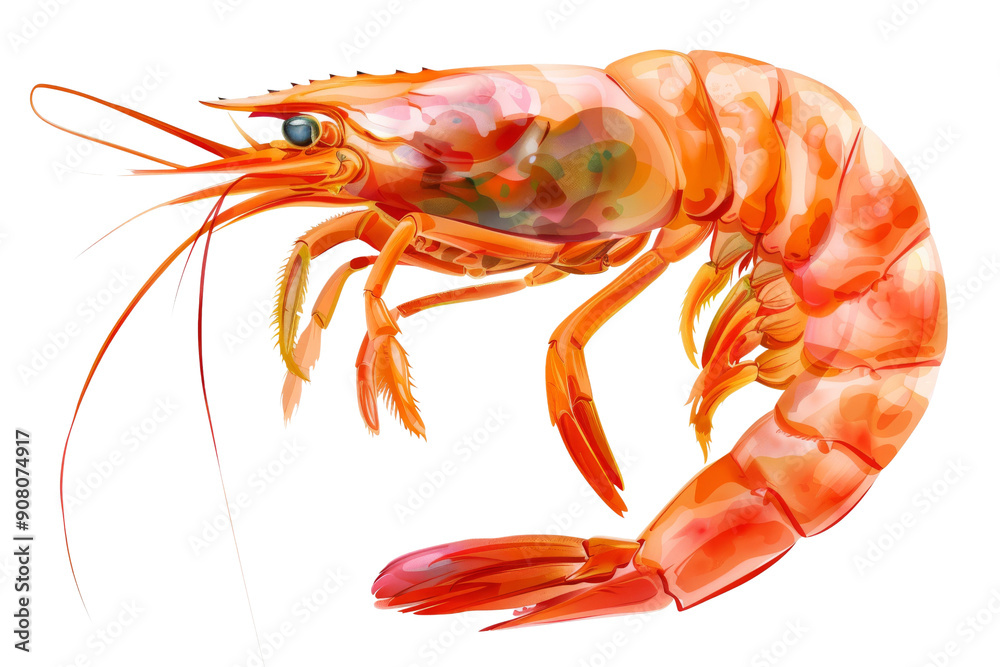 A single, cooked shrimp with a vibrant red-orange hue. The shrimp is depicted in a curled position, showcasing its delicate details. A single, cooked shrimp with a vibrant red-orange hue. The shrimp is depicted in a curled position, showcasing its delicate details.