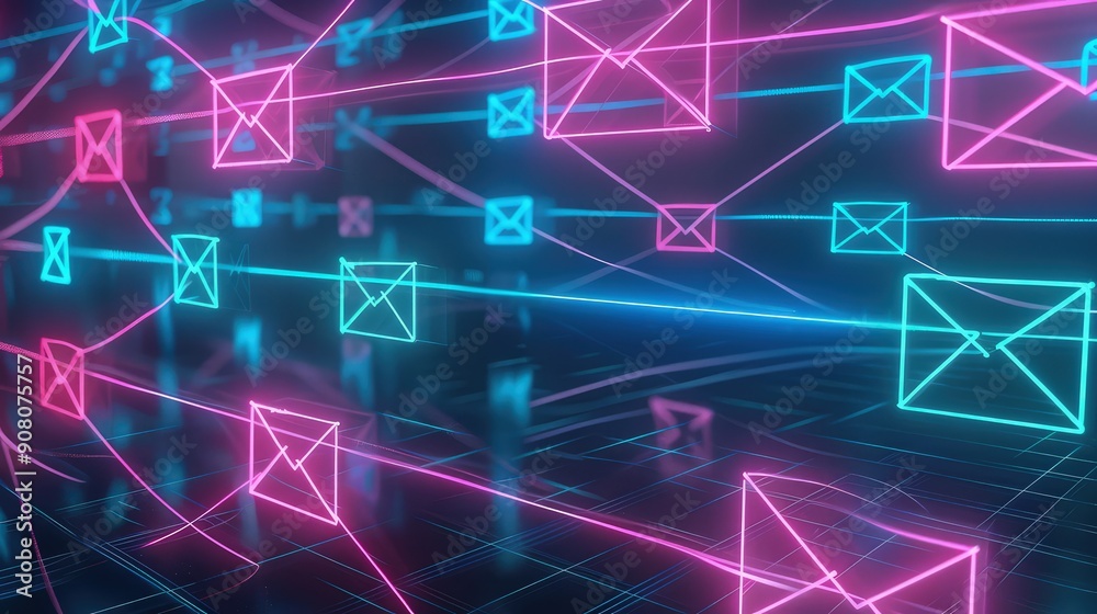 A neon depiction of interconnected email users, with pink and blue lines linking silhouettes of email icons across a digital grid, symbolizing a network of communication.