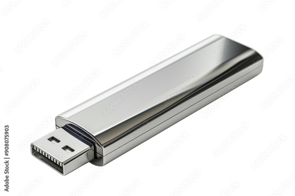 A sleek, silver USB flash drive isolated on a white background. The drive is angled to show the USB connector. A sleek, silver USB flash drive isolated on a white background. The drive is angled to show the USB connector.