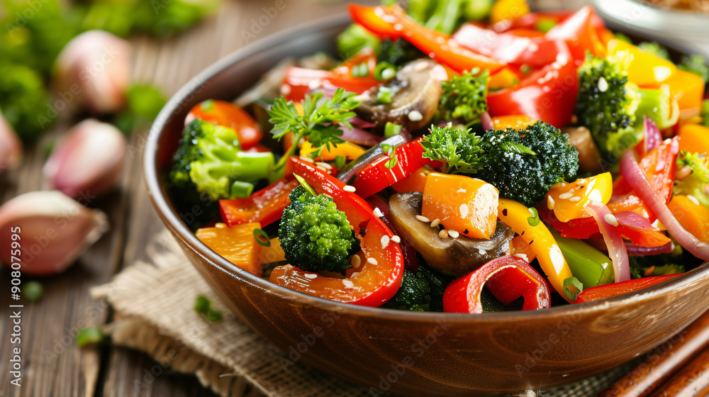 A bowl of colorful vegetable stir-fry offers a vibrant and nutritious meal A bowl of colorful vegetable stir-fry offers a vibrant and nutritious meal
