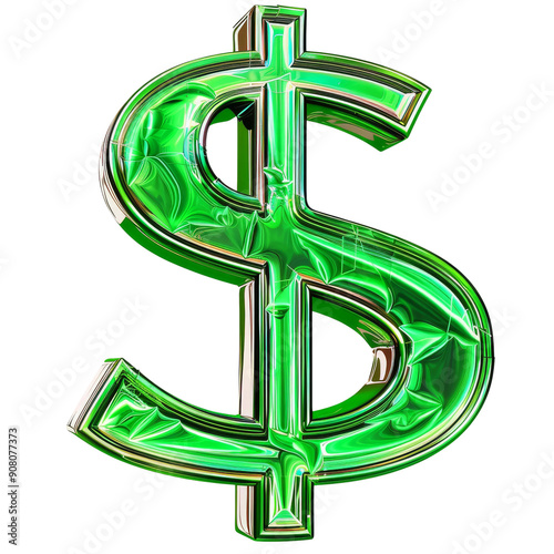 A stylized green dollar sign with a chrome outline.