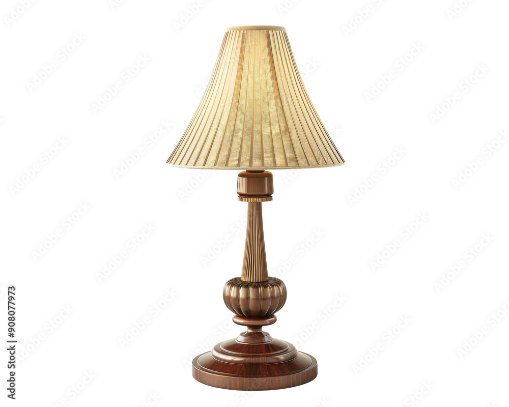 A traditional table lamp with a beige lampshade and brown base. The lamp is isolated on a white background. A traditional table lamp with a beige lampshade and brown base. The lamp is isolated on a white background.