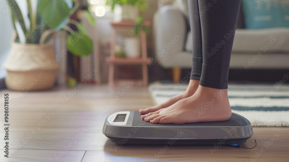 Fototapeta premium A person monitors their weight to reduce diabetes risk, using a digital scale