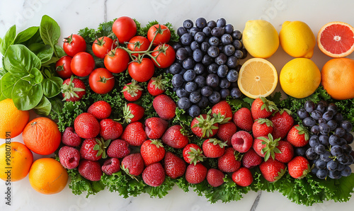 Vibrant Assortment of Fresh Fruits and Vegetables on Marble Surface; Strawberries, Blueberries, Oranges, Tomatoes, Spinach, and Kale; Bright and Colorful Healthy Eating Concept