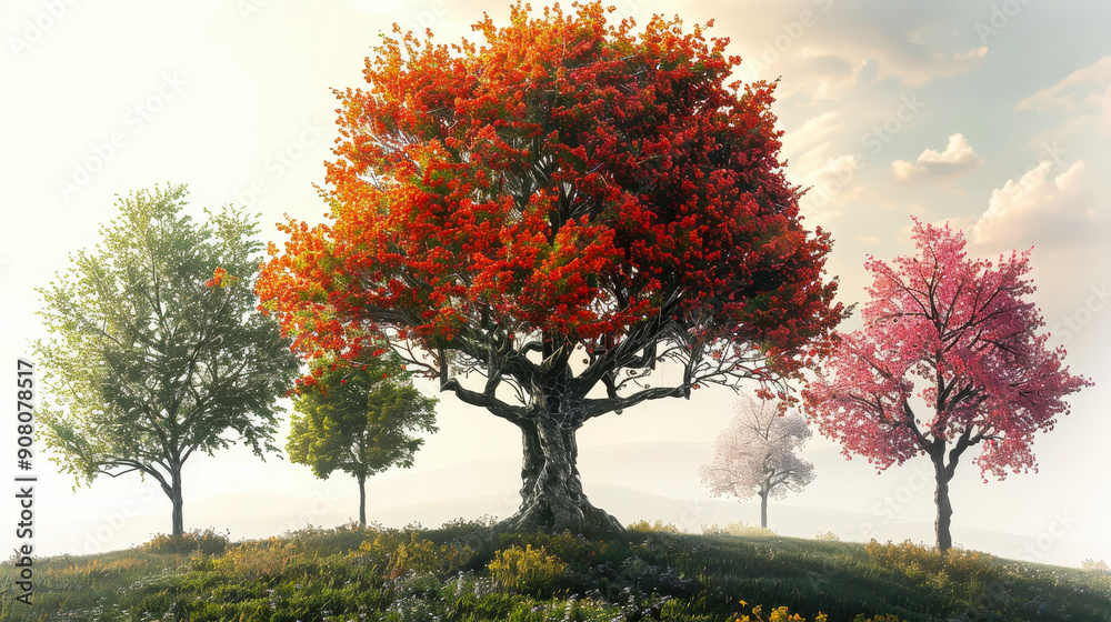 Four Seasons Tree Transformation: Spring, Summer, Fall and Winter Nature Concept on Sunny Day Four Seasons Tree Transformation: Spring, Summer, Fall and Winter Nature Concept on Sunny Day
