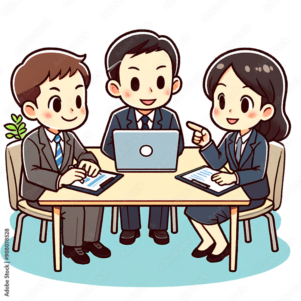 Cartoon-style illustration of three Japanese business people in a meeting Cartoon-style illustration of three Japanese business people in a meeting