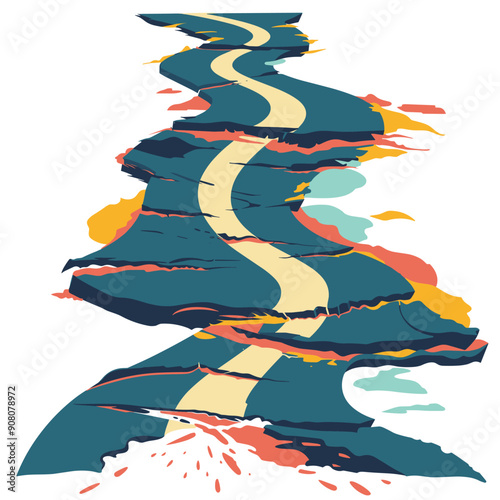 Abstract colorful river flowing through mountainous landscape, depicting natural beauty, tranquility, outdoor scenery. Artistic representation nature flowing water, dynamic shapes, vibrant colors