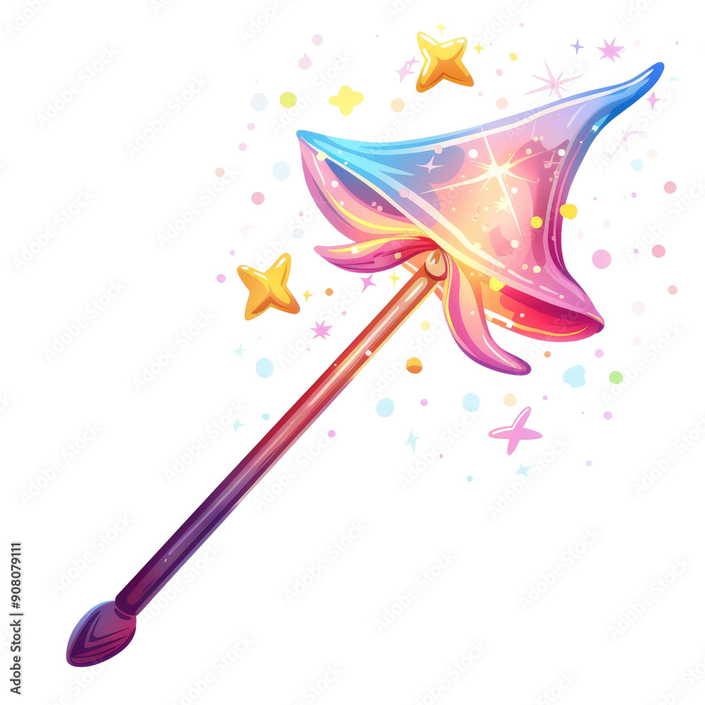 A vibrant, magical wand with a glowing starburst tip surrounded by sparkling stars and confetti. A vibrant, magical wand with a glowing starburst tip surrounded by sparkling stars and confetti.