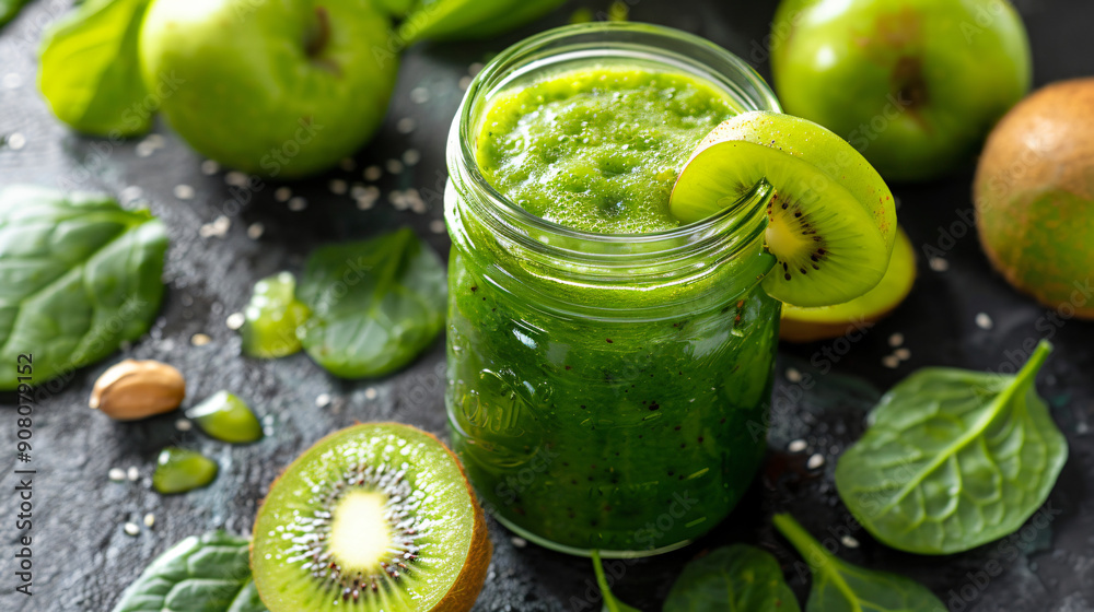 A refreshing green smoothie in a glass jar A refreshing green smoothie in a glass jar