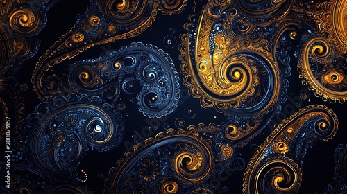 143. Doodle background, navy and gold, paisley patterns, open area, motion blur, natural light, split-complementary colors, bright colors