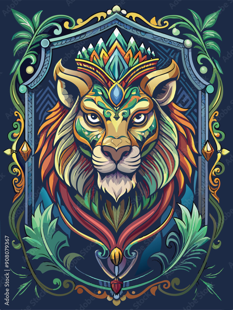 Fototapeta premium Ornate, Crowned Lion Head with Floral Details