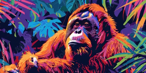 Colorful Orangutan in Jungle Illustration photo