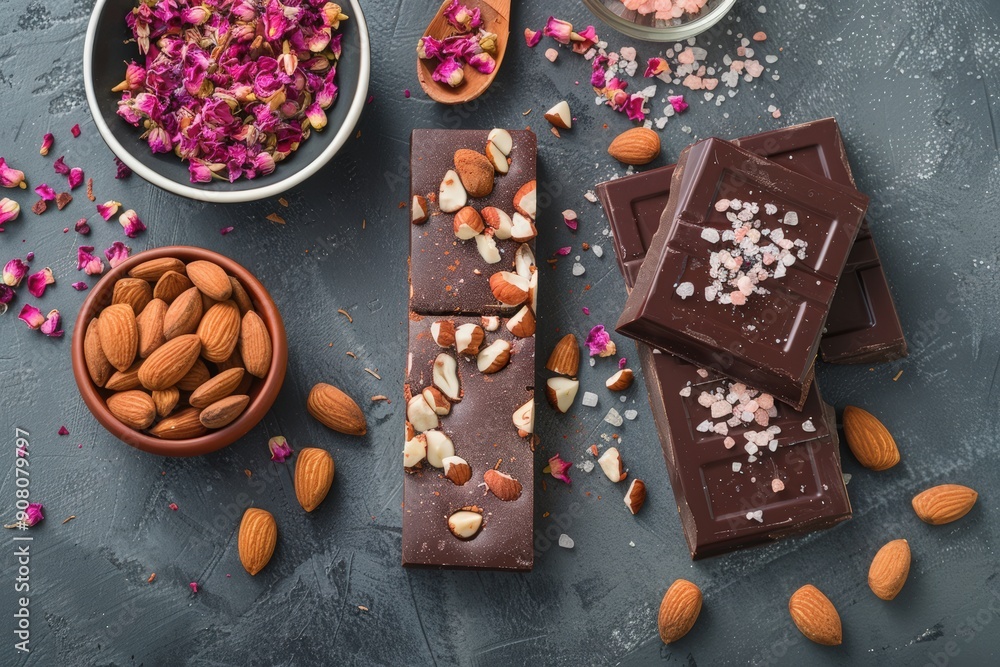 Black chocolate bar with dark red and brown sprinkles, bowl of almonds on grey background flat lay. Top view of a flat layout with a dark chocolate bar with hazelnuts and pink salt on a grey backgroun Black chocolate bar with dark red and brown sprinkles, bowl of almonds on grey background flat lay. Top view of a flat layout with a dark chocolate bar with hazelnuts and pink salt on a grey backgroun