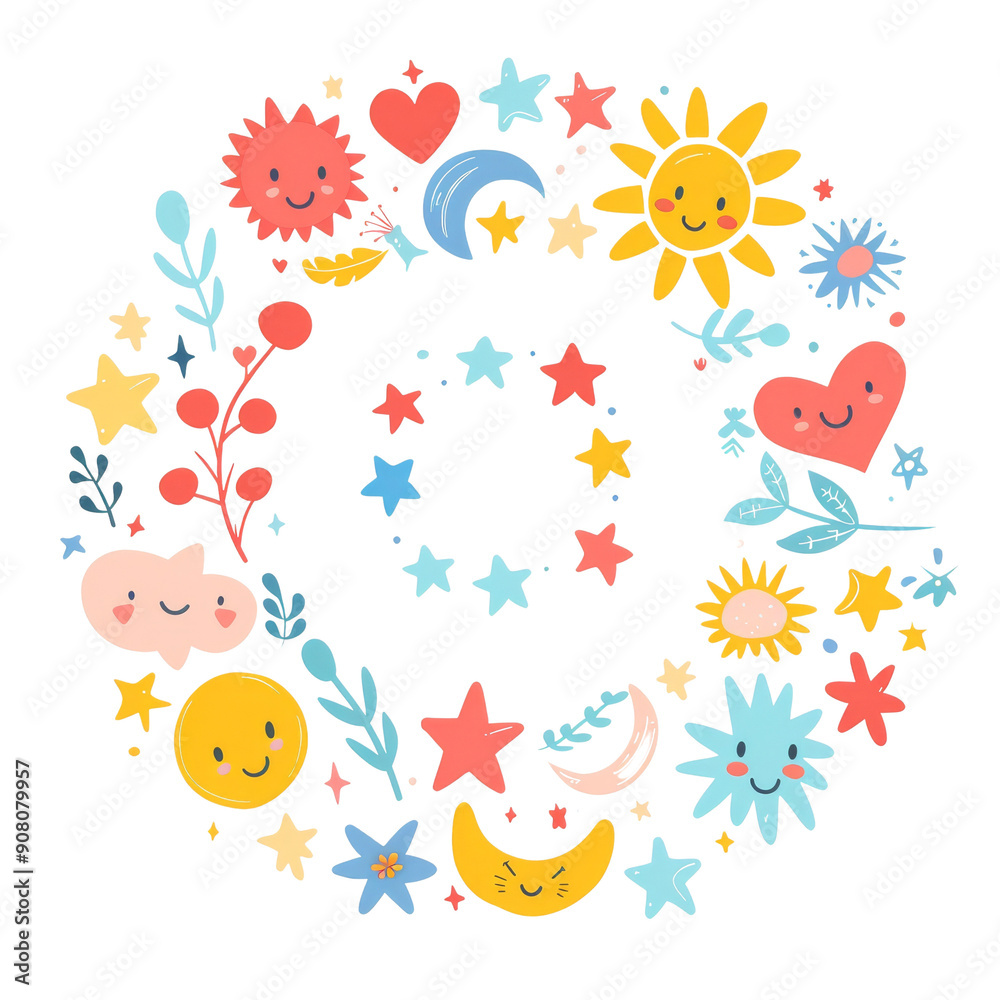 Obraz premium A whimsical circular design featuring suns, moons, stars, clouds, hearts, and leaves in a colorful and playful pattern.