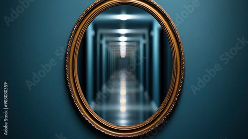 A stunning mirror reflects a long, illuminated hallway, creating a sense of depth and mystery in a dark setting. photo