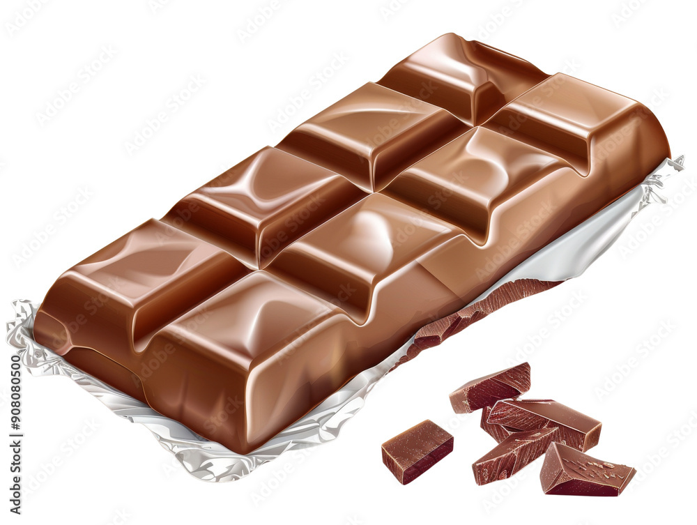 A whole chocolate bar with a few broken pieces scattered around it. The bar is wrapped in silver foil. A whole chocolate bar with a few broken pieces scattered around it. The bar is wrapped in silver foil.