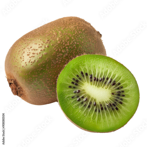 A whole kiwi fruit and a sliced kiwi fruit, isolated on a black background. photo